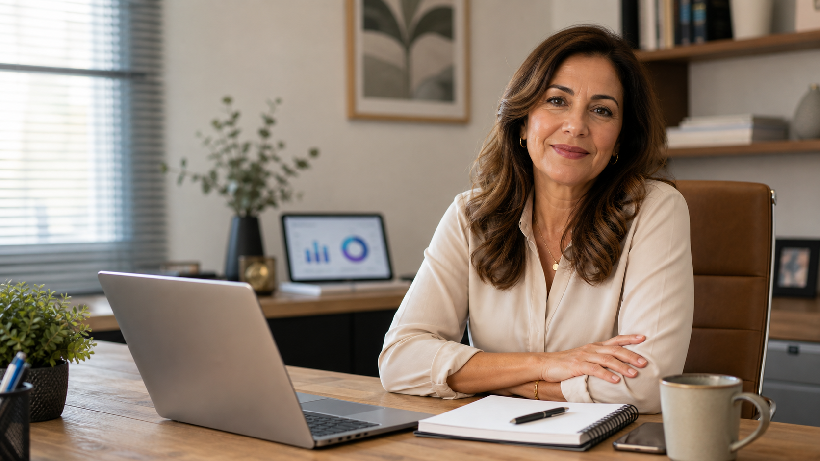 Cliente ficticio em escritorio analisando indicadores comerciais digitais